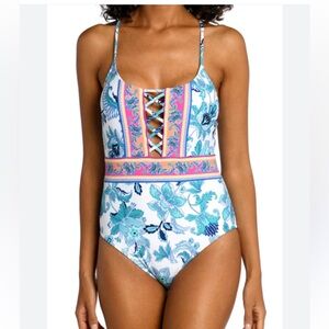 La Blanca White Floral One-Piece Swimsuit with Blue and Pink Accents